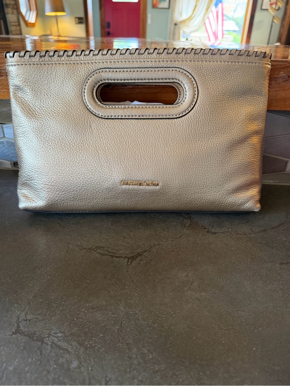 Michael Kors Large RosalieGold Leather Conertinle Clutch/ Crossbody  shoulder ba